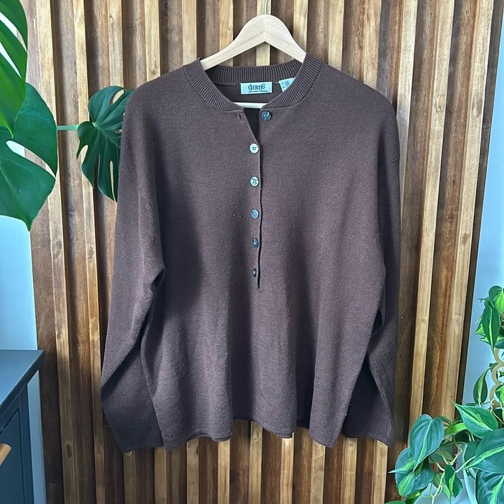 Vintage Wool Blend Unisex Henley Sweater Brown. Size M
